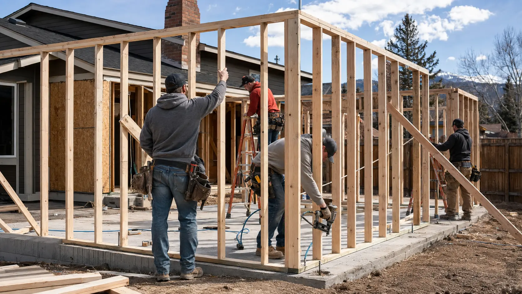 Construction crew framing a residential addition